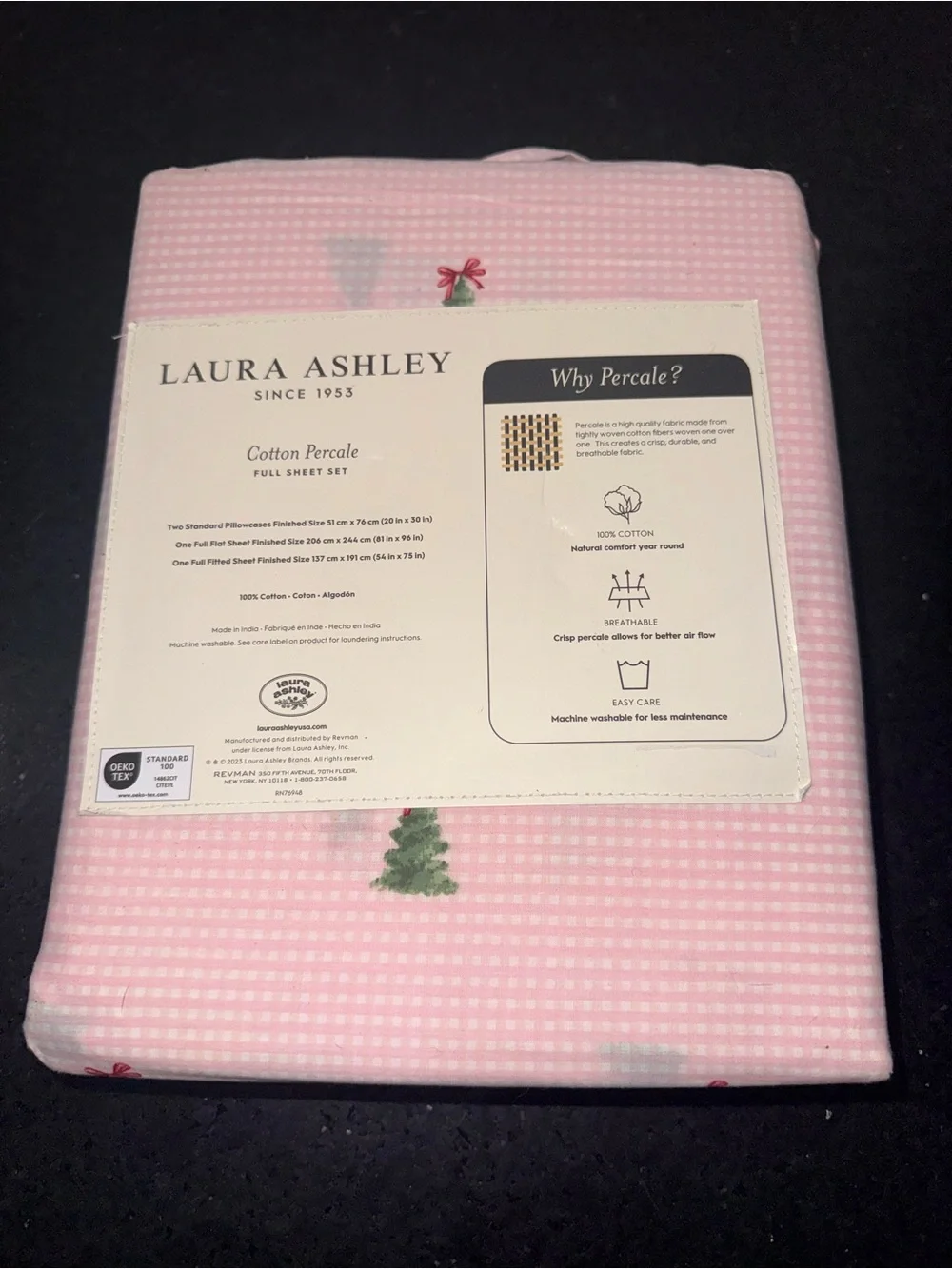 NEW Laura Ashley Pink Holiday Tree Print 4 PIECE FULL Sheet Set